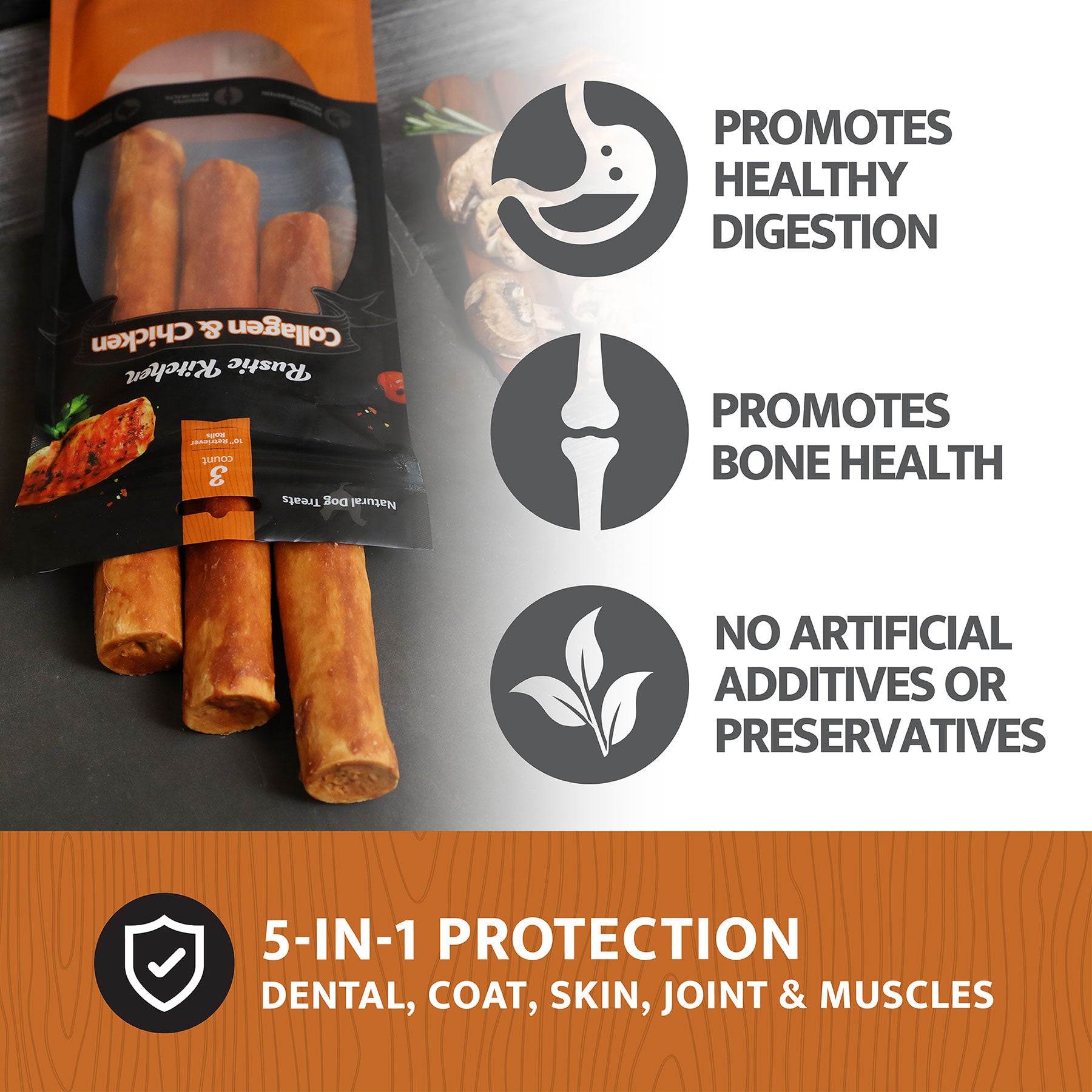 Rustic Kitchen Collagen Retriever Sticks, chicken-flavored dog treats, feature natural ingredients for healthy digestion and bones. The 5-in-1 Protection supports dental, coat, skin, joints, and muscles with no artificial additives. Perfect for fans of Charlie’s Wholesome Turkey & Chicken Chews.