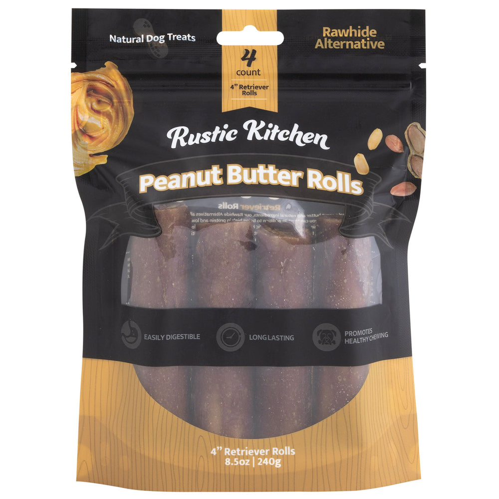 The Rustic Kitchen Peanut Butter Retriever Rolls package, in black and yellow, contains digestible dog chews with peanuts. It highlights benefits like easy digestion and health promotion as a premium rawhide alternative.