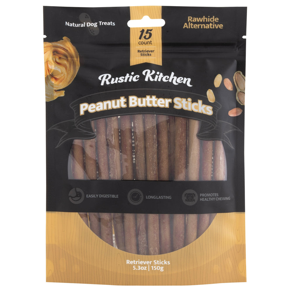 Rustic Kitchen Rawhide Alternative Peanut Butter Retriever Sticks in the flavor Peanut Butter