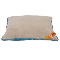 The Arm & Hammer Pillow Pet Bed by Arm And Hammer is a beige, rectangular pillow with ultra-soft plush texture, featuring a blue border and an orange tag in one corner.