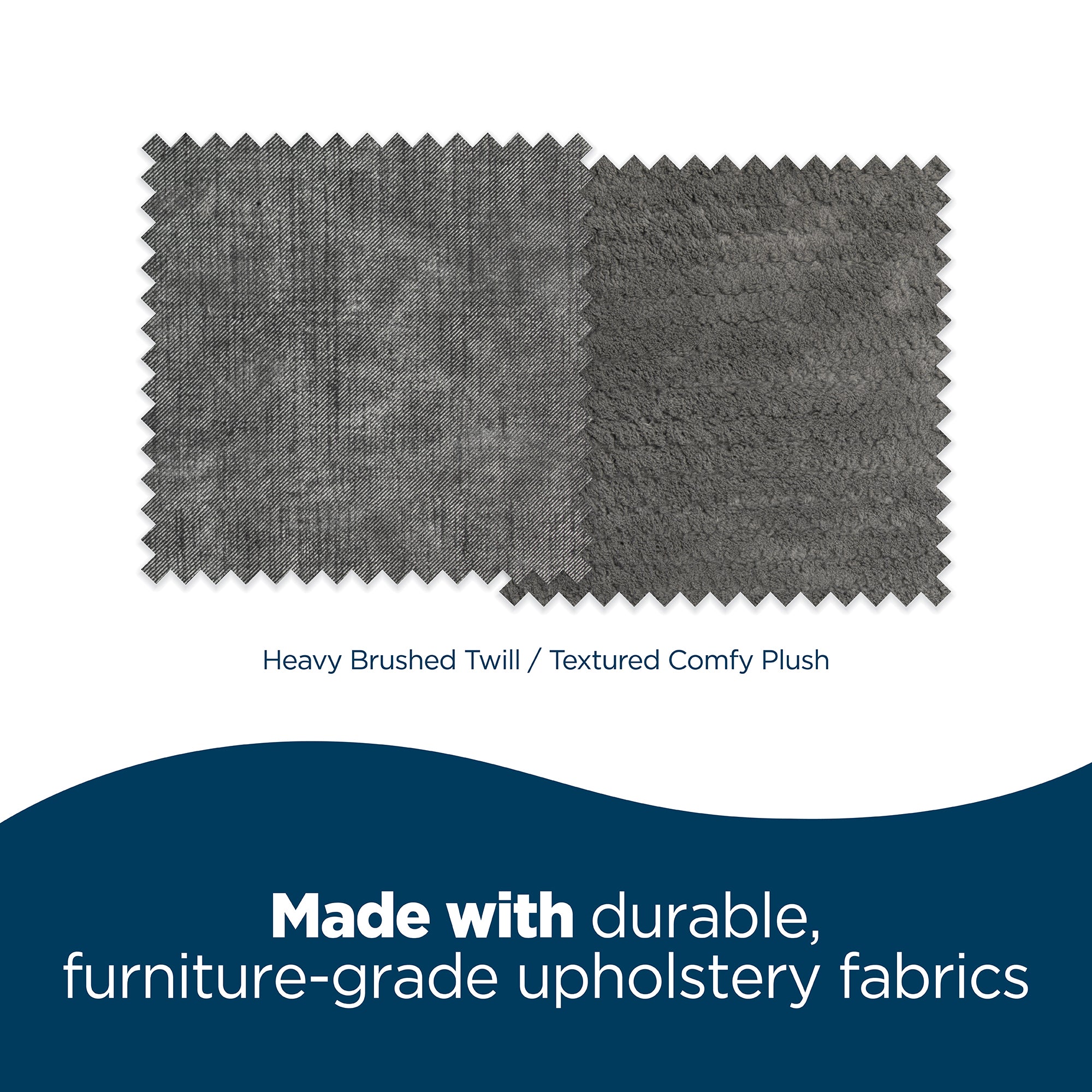 Two fabric swatches labeled Heavy Brushed Twill and Textured Comfy Plush are shown with text on a blue background: Made with durable, furniture-grade upholstery fabrics. Ideal for the La-Z-Boy Harper Smoke Dog Sofa Bed, featuring a machine washable cover for easy care.