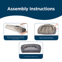 Image tutorial for assembling the La-Z-Boy Harper Smoke Sofa: Step 1: Remove sofa from plastic bag. Step 2: Fluff Comfort Select fiber-fill, allowing 24 hours to expand. Step 3: Sofa with a machine washable cover is ready for use. Each step includes an informative image.