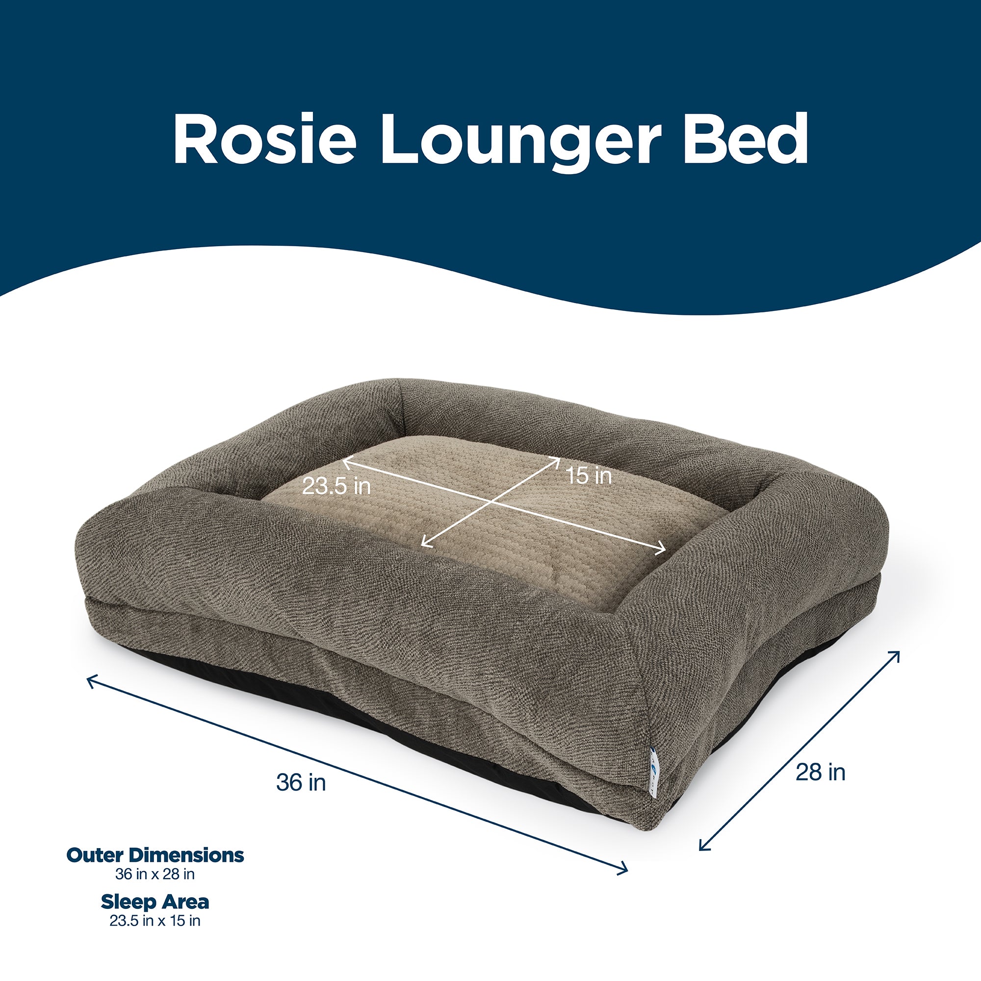 The La-Z-Boy Rosie Lounger Taupe is a gray dog bed with plush edges and a cozy center. Dimensions are 36x28 inches for the outer area and 23.5x15 inches for sleeping space. A blue header declares Rosie Lounger Bed for your pets relaxation.