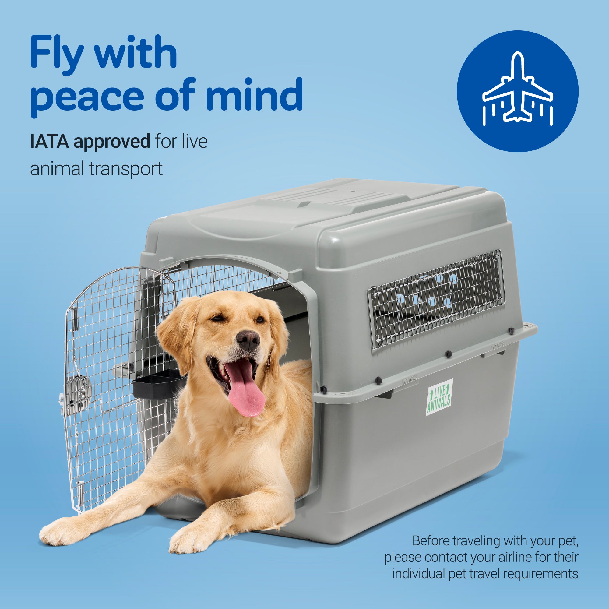 A golden retriever cozily sits in a gray Petmate Sky Kennel, accompanied by text: Fly with peace of mind, emphasizing IATA approval for live animal transport. It also advises checking airline cargo pet travel specs and features an airplane icon at the top right.