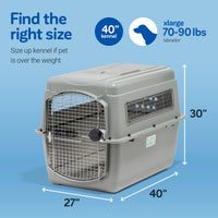 Set against a blue background, the large gray Petmate Sky Kennel by Petmate measures 40 L x 27 W x 30 H. Its suitable for a 70-90 lbs Labrador and complies with airline cargo specs. Choose a larger size if your pet weighs more than the limit.