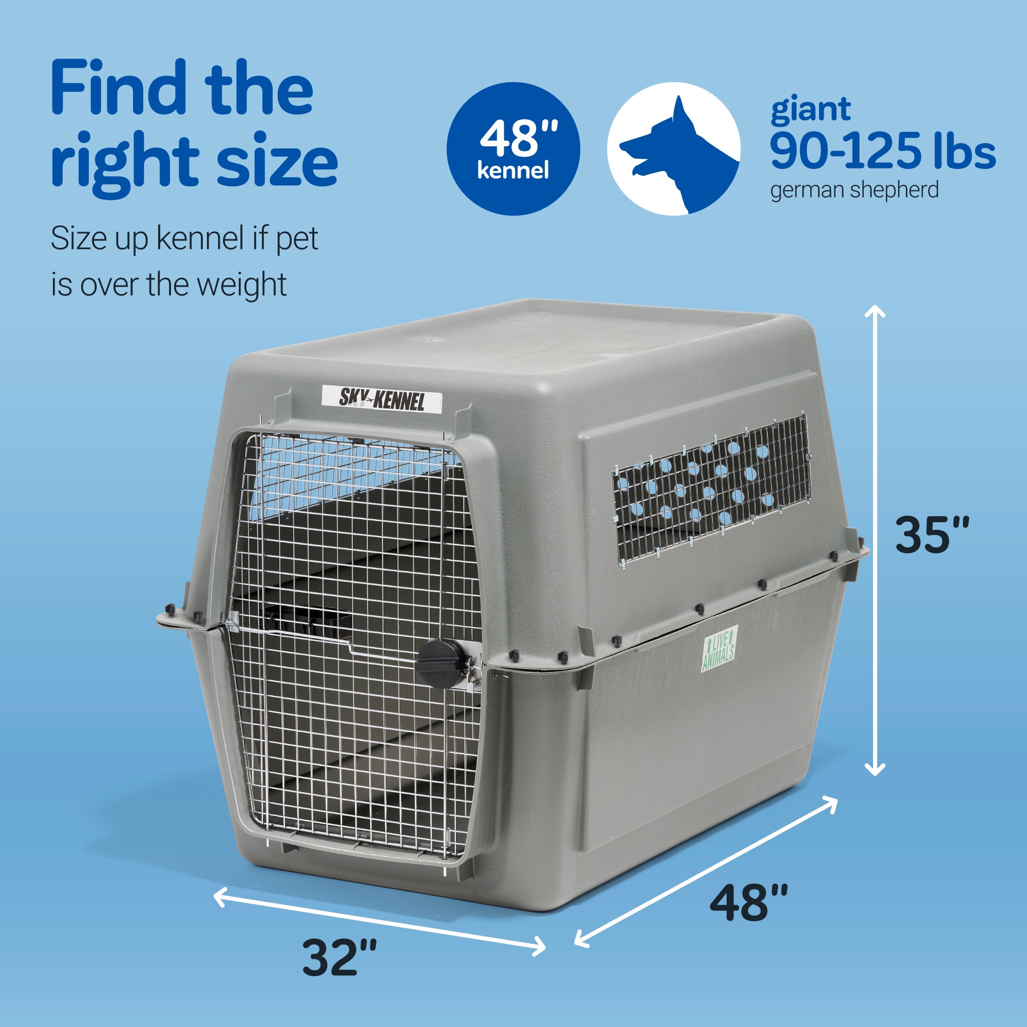 The Petmate Sky Kennel, designed for safe pet travel against a light blue backdrop, meets airline cargo standards with dimensions of 48 L x 32 W x 35 H, perfect for pets between 90-125 lbs like giant German Shepherds; consider a larger size if necessary.