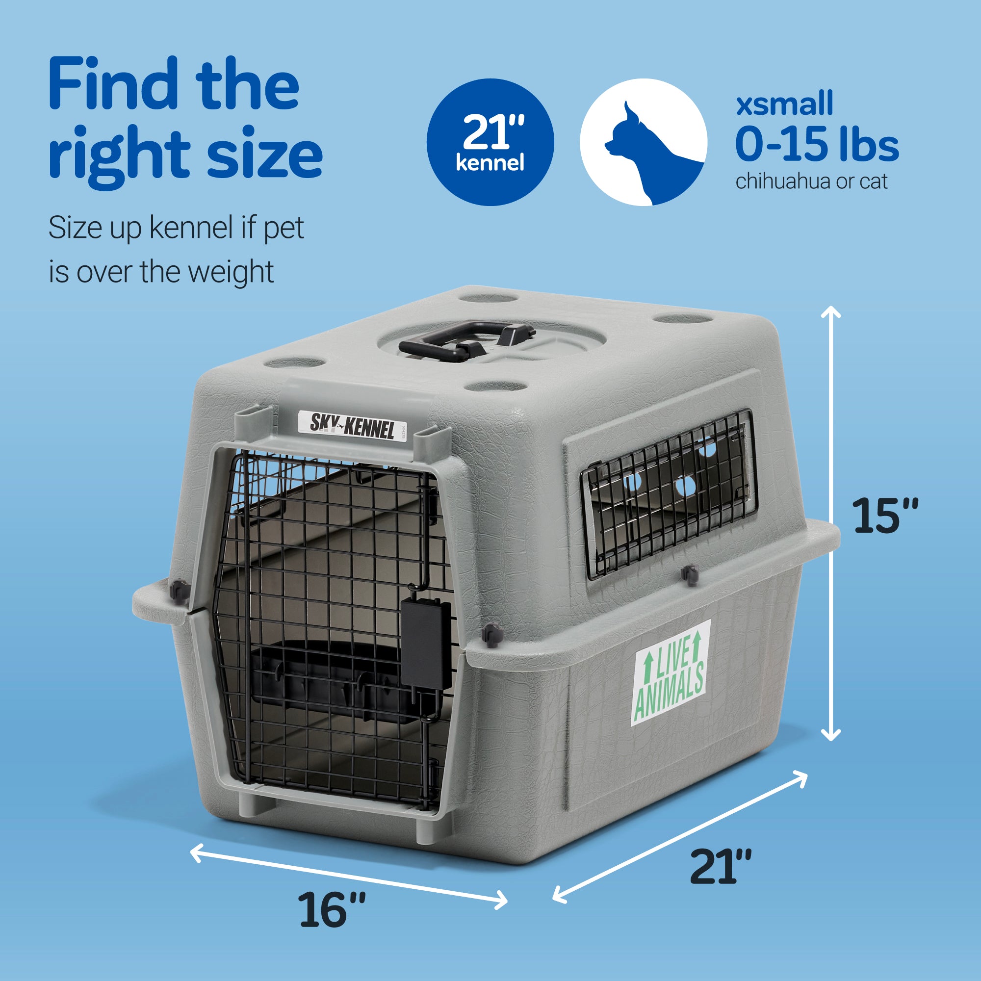 Image of a Petmate Sky Kennel, designed for pets up to 15 lbs, with dimensions 21 L x 16 W x 15 H. Ideal for cats or Chihuahuas and compliant with airline cargo rules, it features Find the right size, Live Animals, and Sky-Kennel labels.