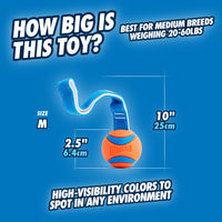 The Chuckit! Ultra Tug Dog Toy by Chuckit is designed for medium breeds (20-60 lbs) and is blue and orange. Made from durable rubber, its perfect for tug-of-war games. The ball measures 2.5 inches, with a total length of 10 inches, and is highly visible in different settings.