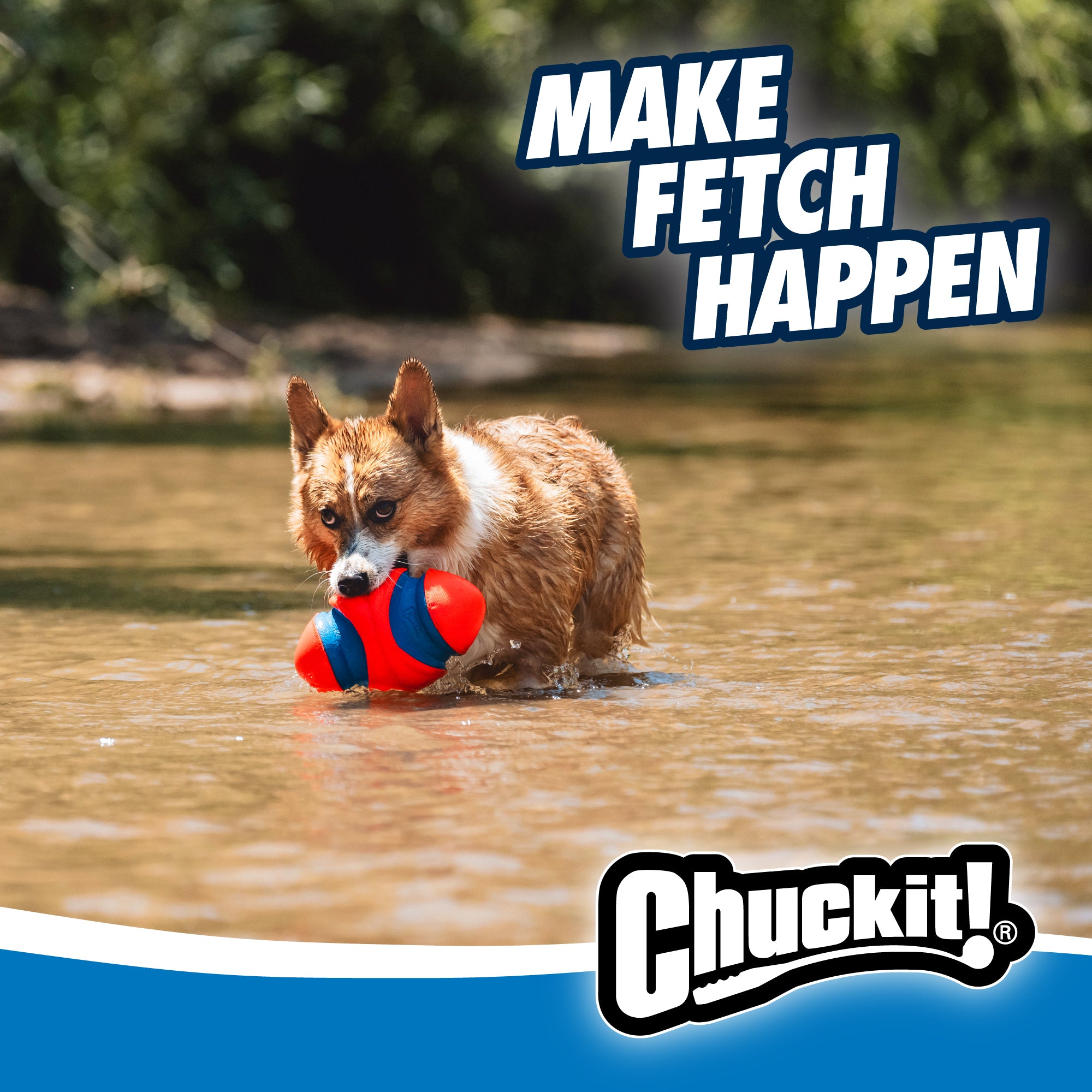 A wet corgi plays in shallow water with a red and blue Chuckit! Fumble Fetch toy. The text above says Make fetch happen, and the Chuckit logo is at the bottom, set against a sunny outdoor backdrop.