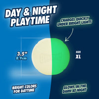 The Chuckit! Max Glow Fetch Ball by Chuckit, ideal for Day & Night Playtime, is a dual-colored, durable rubber ball. It features a neon green half that glows in the dark and an off-white half for bright daytime colors. Measuring 3.5 inches (8.9 cm), its available in size XL.