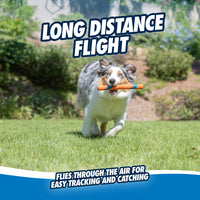 A dog sprints across the grass with a Chuckit! Ultra Fetch Stick by Chuckit in its mouth. The lush garden backdrop is vibrant with bushes. Above, it reads Long Distance Flight, while below, it says Flies through the air for easy tracking and catching.