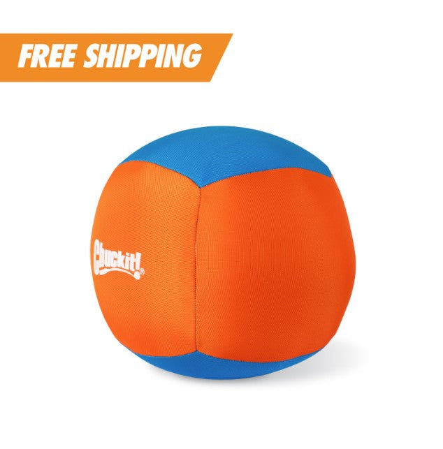 The Chuckit! Big Air Fetch & Herding Ball Dog Toy features vibrant orange and blue panels with a Chuckit logo, textured for pet play. Its durable canvas construction suits herding instincts and includes Free Shipping in the top left corner.