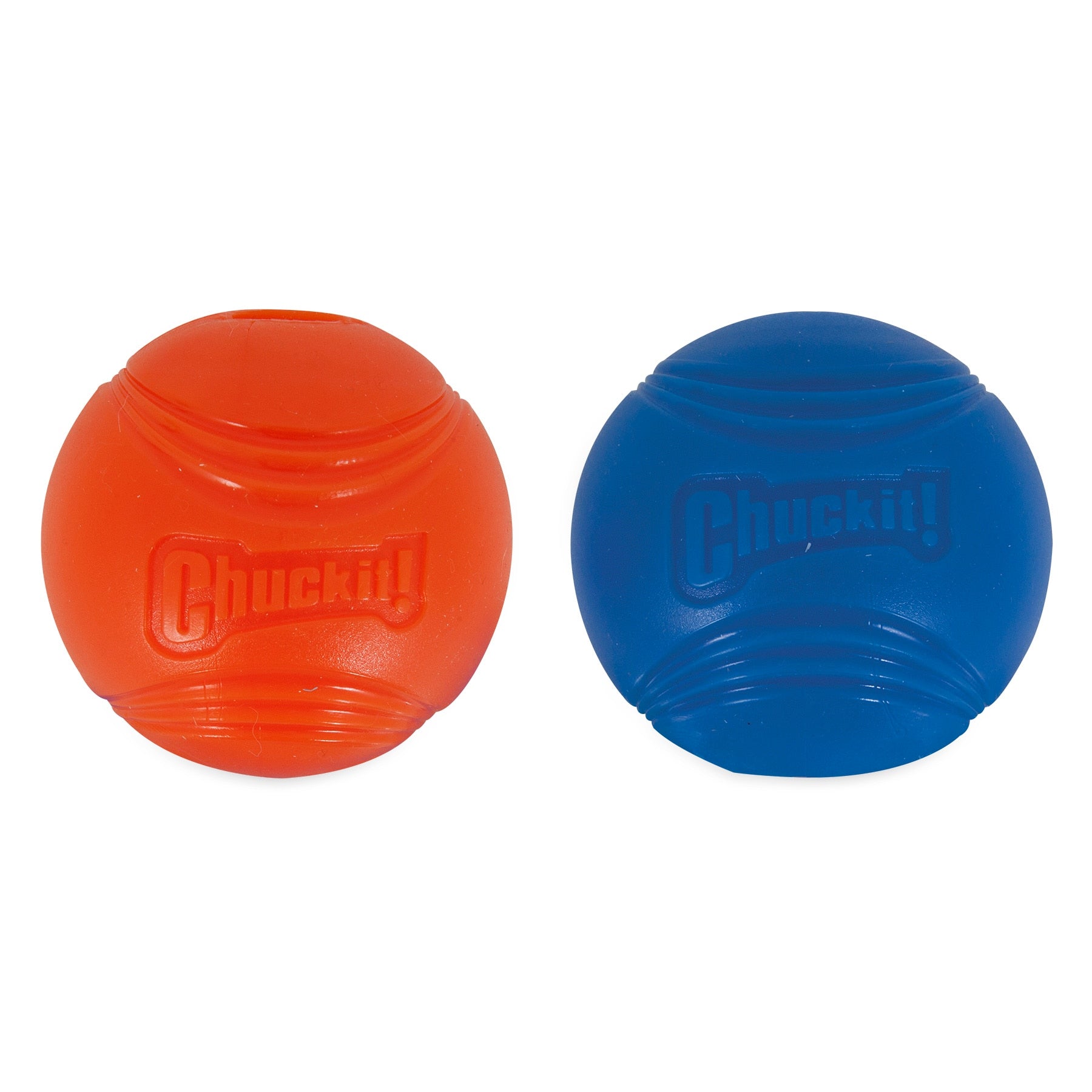 Two Chuckit! Strato Balls from the brand Chuckit are displayed in orange and blue, featuring Chuckit! embossing, textured ridges for grip, durable rubber construction, and launcher compatibility for endless fetch play.