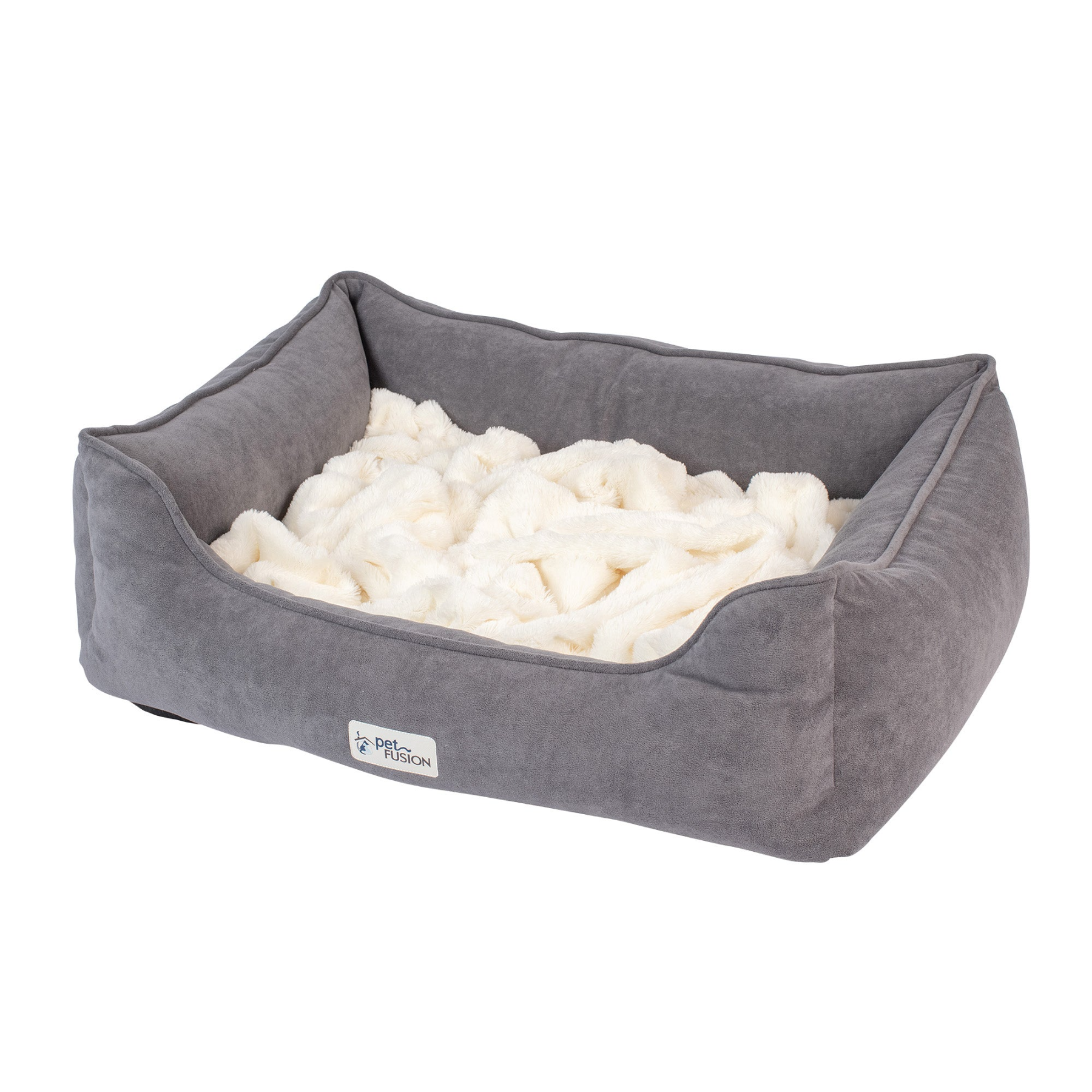 The PetFusion Medium Cuddler Bed by Pet Fusion is Gray with a plush white interior, high-walled bolsters, and a memory foam base for ultimate comfort. It features a raised border with a small logo tag and is displayed against a white background.