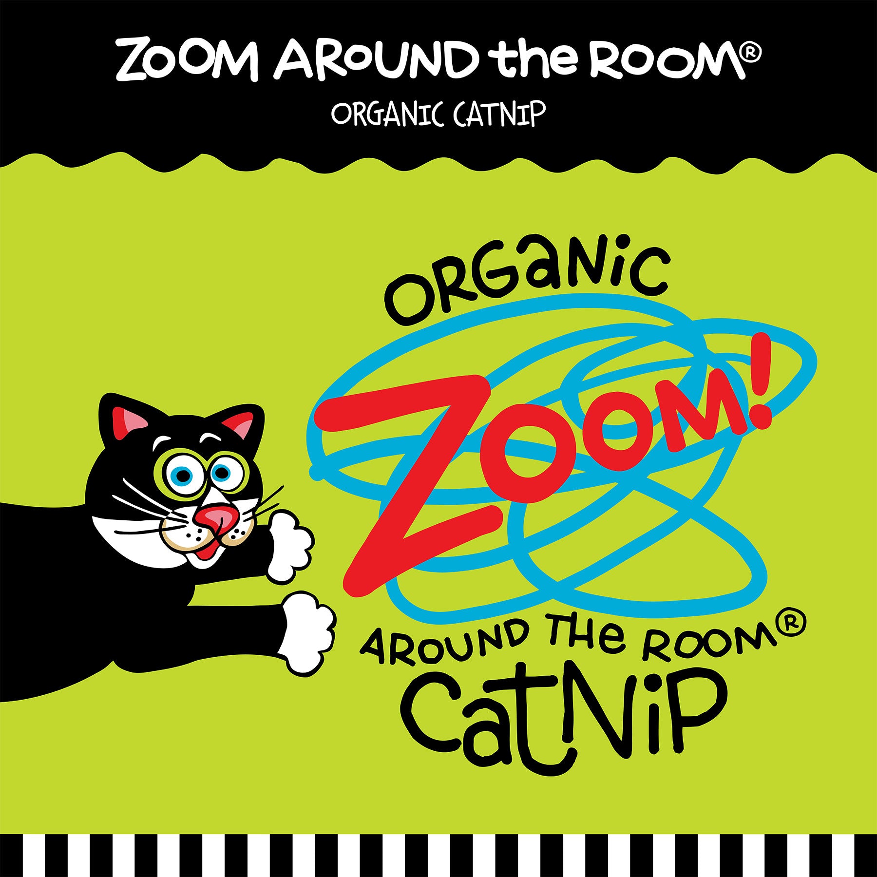 A playful illustration of a black and white cat with Zoom Around the Room and Organic Catnip in bold, fun fonts on a bright green background with blue swirls and a striped border, ideal for refilling your FAT CAT Boogie Mat—a perfect Fatcat catnip adventure!.