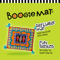 The FAT CAT Boogie Catnip Cat Mat by Fatcat features colorful packaging with a vibrant striped pattern, playful typography, and fun tassels. The green backdrop highlights a fish design, making it perfect for keeping your feline entertained!.