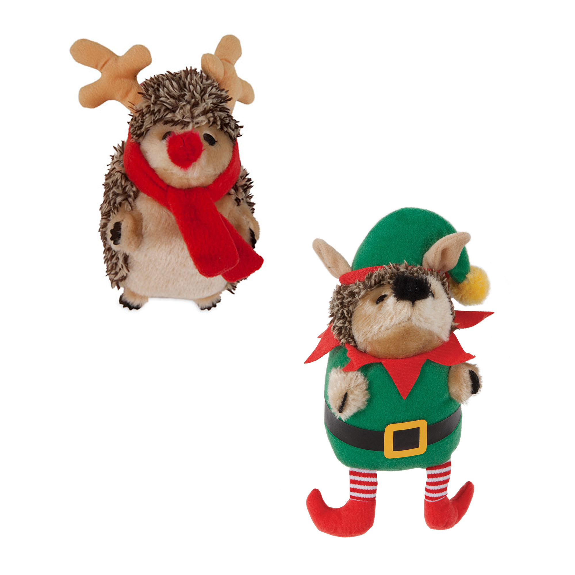 The Zoobilee Reindeer & Elf Holiday Toy Bundle includes two plush hedgehogs in festive attire: one is a reindeer with a red nose and scarf, and the other is an elf with a red collar and striped socks. They are perfect plush dog toys that may also delight by producing grunting sounds.