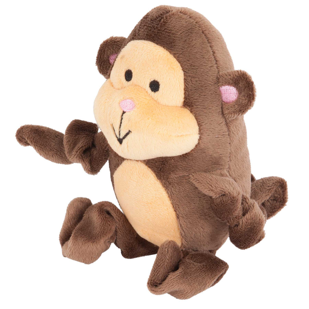 The Zoobilee Stretchies Squeaker Dog Toy has brown fur, a beige face and belly, pink ears, a small pink nose, and a smiling mouth. Its squeaker adds excitement to playtime, while its soft, stretchy limbs make it perfect for cuddles.