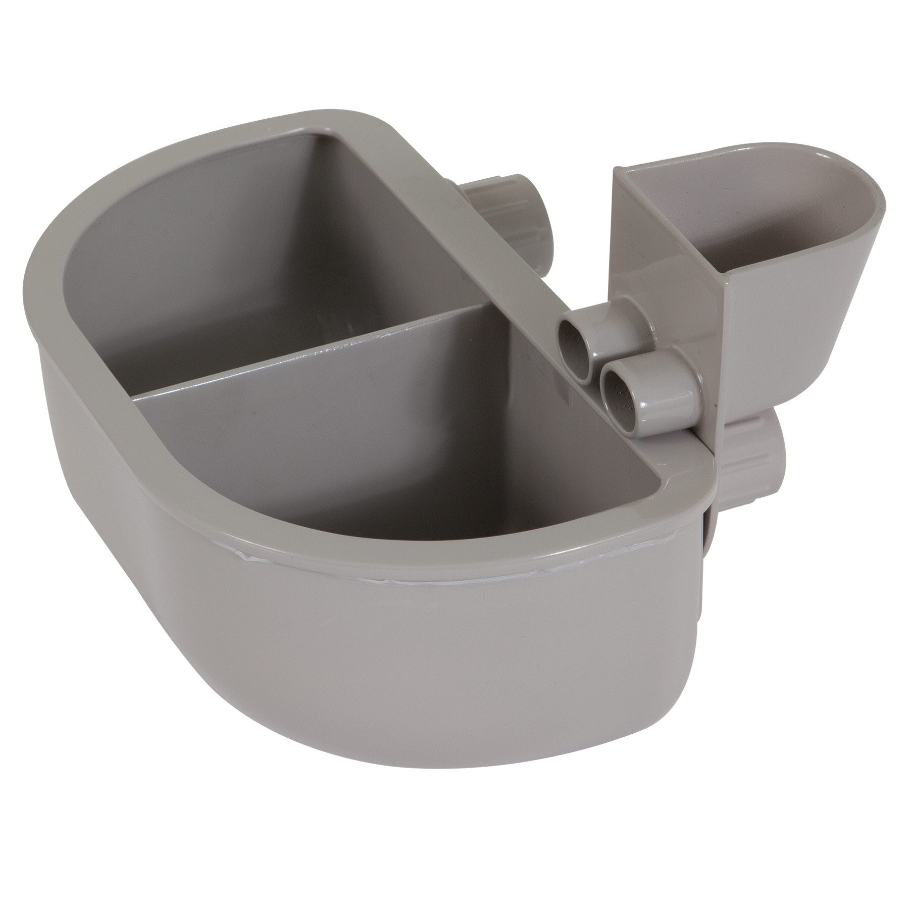 The Essential New Dog Bundle by Petmate is a gray plastic dual-chamber item with rounded edges, two open compartments, and cylindrical connectors. One side features a smaller spout-like attachment, similar to a Petmate Dog Lead.