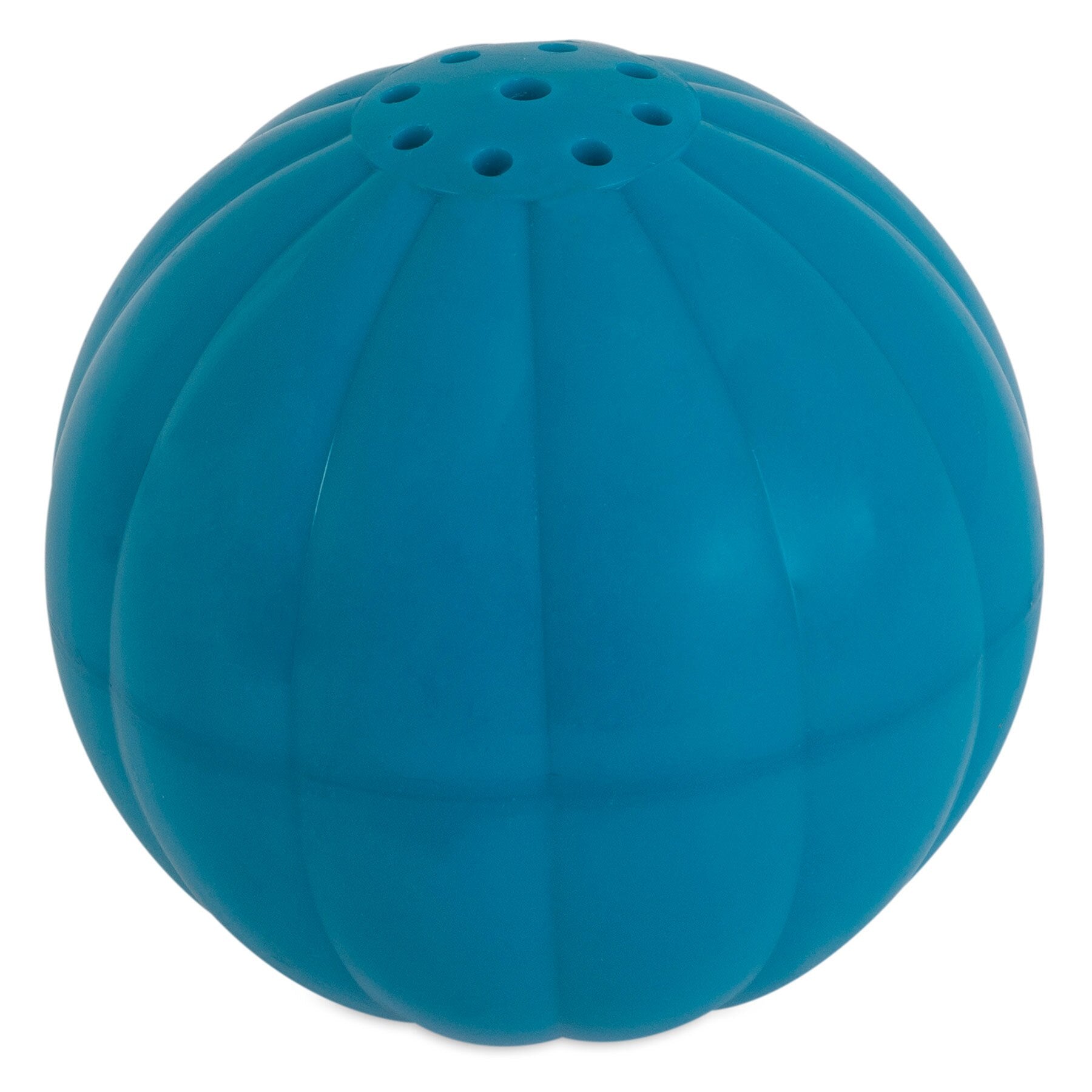 The Petqwerks Pet Qwerks Talking Babble Ball is a round, blue toy with vertical grooves and small holes on top. Made from durable high-impact ABS, it resembles a spherical dryer ball, providing hours of playful fun for your dog.