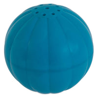 The Petqwerks Pet Qwerks Talking Babble Ball is a round, blue toy with vertical grooves and small holes on top. Made from durable high-impact ABS, it resembles a spherical dryer ball, providing hours of playful fun for your dog.