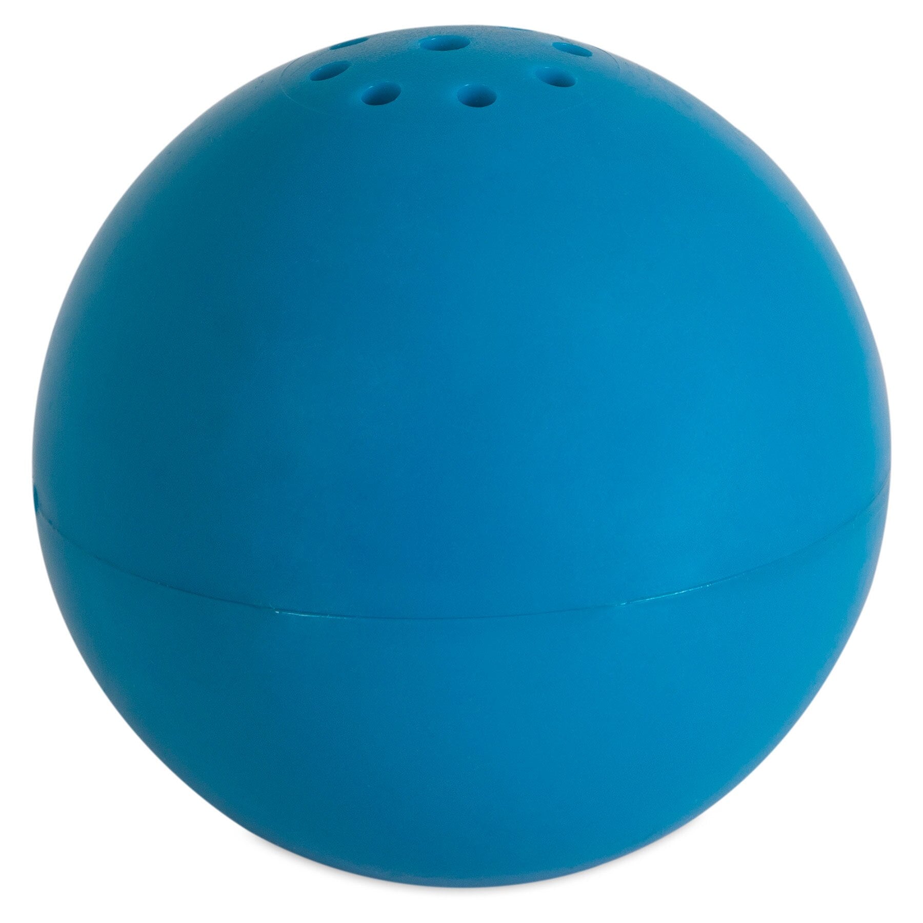 The Petqwerks Talking Babble Ball is a durable dog toy, blue and spherical with evenly spaced holes on top, crafted from high-impact ABS construction.