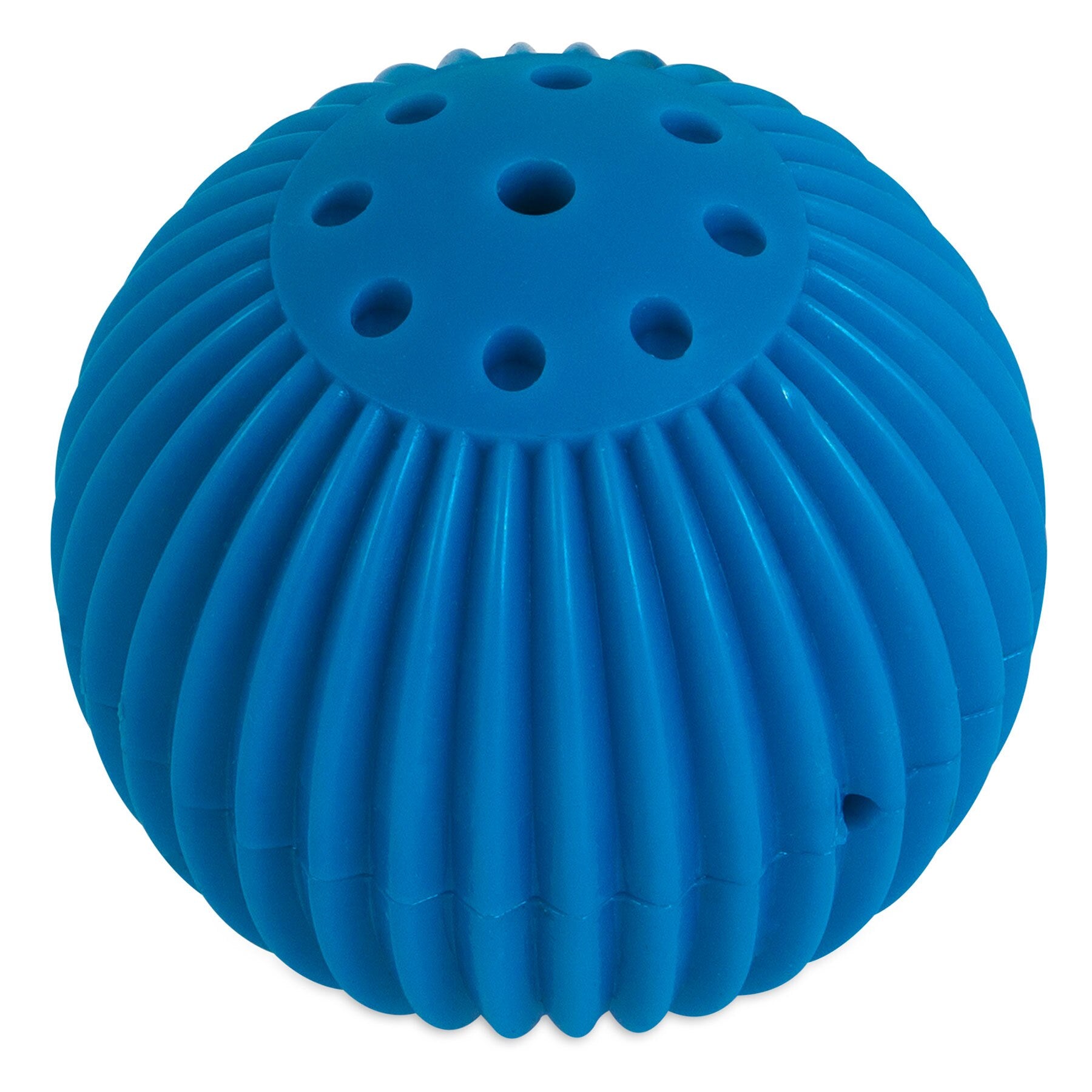 The Petqwerks Talking Babble Ball by Pet Qwerks is a round, vibrant blue toy for pets, made with durable ABS material. Its ribbed sides and small top holes are perfect for interactive play but not designed for laundry use or reducing detergent needs.