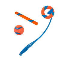 The Chuckit! RingChaser and Fetch Toy Set by Petmate is a vibrant orange and blue set featuring a durable Ultra Fetch Stick, ball, baton, ring, and long thrower stick—perfect for interactive play with pets.