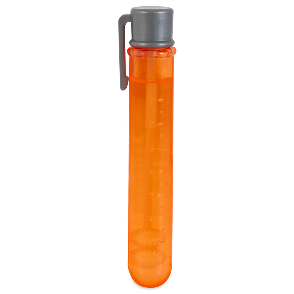 The Petqwerks Incredibubbles Peach 36102 features a transparent orange cylindrical container with a gray cap and clip, crafting playful moments. Ideal for fun with your pet, this design suggests it holds peach-flavored bubbles for dogs.