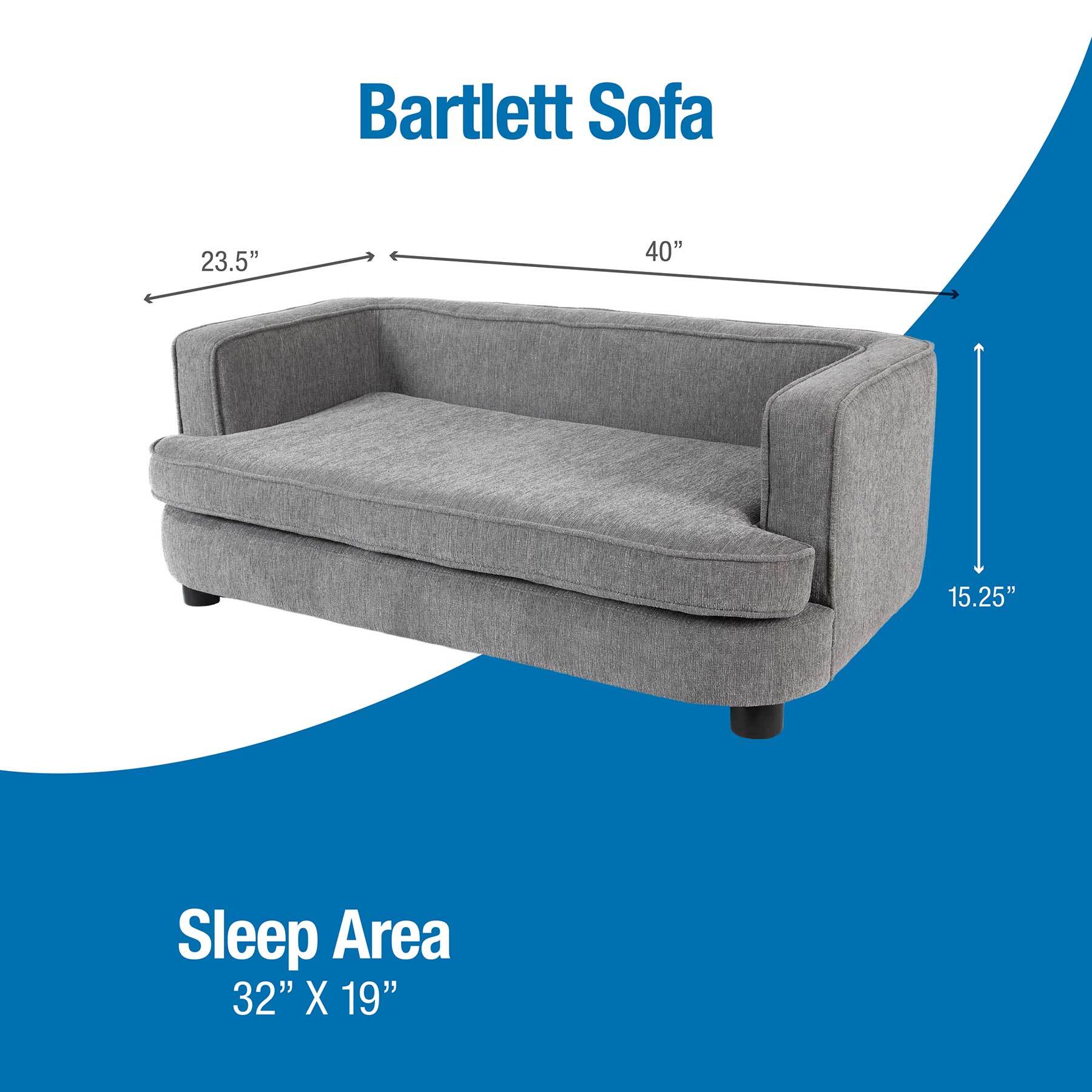 The La-Z-Boy Bartlett Sofa Dog Bed, a stylish masterpiece in gray, is crafted from furniture-grade materials for plush comfort. Measuring 23.5 deep, 40 wide, and 15.25 tall with a sleep area of 32x19, its perfect as a chic pet couch against a blue and white backdrop.