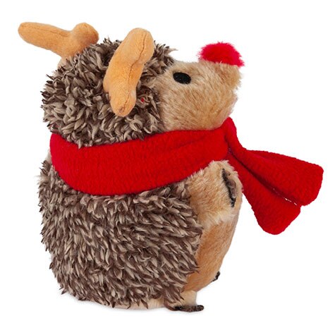 The Zoobilee Reindeer Heggie Dog Toy, shown from the side, features brown fur, a reindeer hat with orange antlers, red scarf and nose, plus small black eyes, offering quirky companionship as a festive plush character ideal for dog toy enthusiasts.