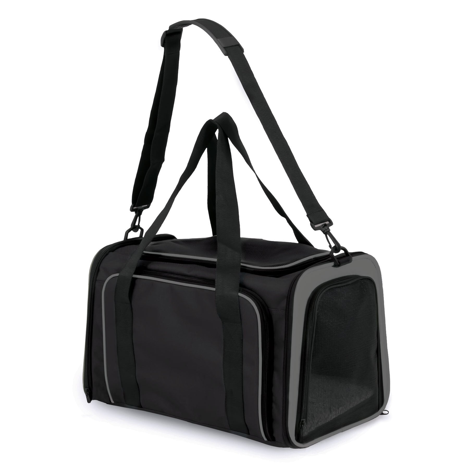 The Petmate See & Extend Carrier by Petmate is a rectangular black travel pet carrier with mesh sides for ventilation. It features dual handles and an adjustable shoulder strap for easy carrying.