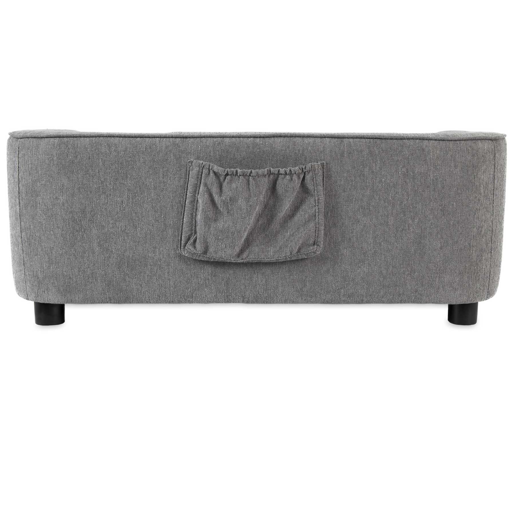 The image shows a La-Z-Boy Bartlett Sofa Dog Bed in gray upholstery with a small central storage pocket. It stands on short black cylindrical feet and mirrors the plush comfort of the La-Z-Boy® Bartlett Sofa, crafted from furniture-grade materials.