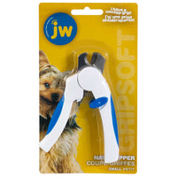 The packaging of JW Small Dog Nail Clippers shows a white and blue tool with a stainless-steel blade on a yellow background. A small dog image is on the left, and text in English and French reads I have a non-slip grip!.