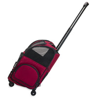 The Gen7Pets Red Geometric Roller-Carrier by Gen7 features black mesh panels, side pockets, an extended telescopic handle, a Smart-Level Platform for stability when tilting, wheels, and zippered compartments.