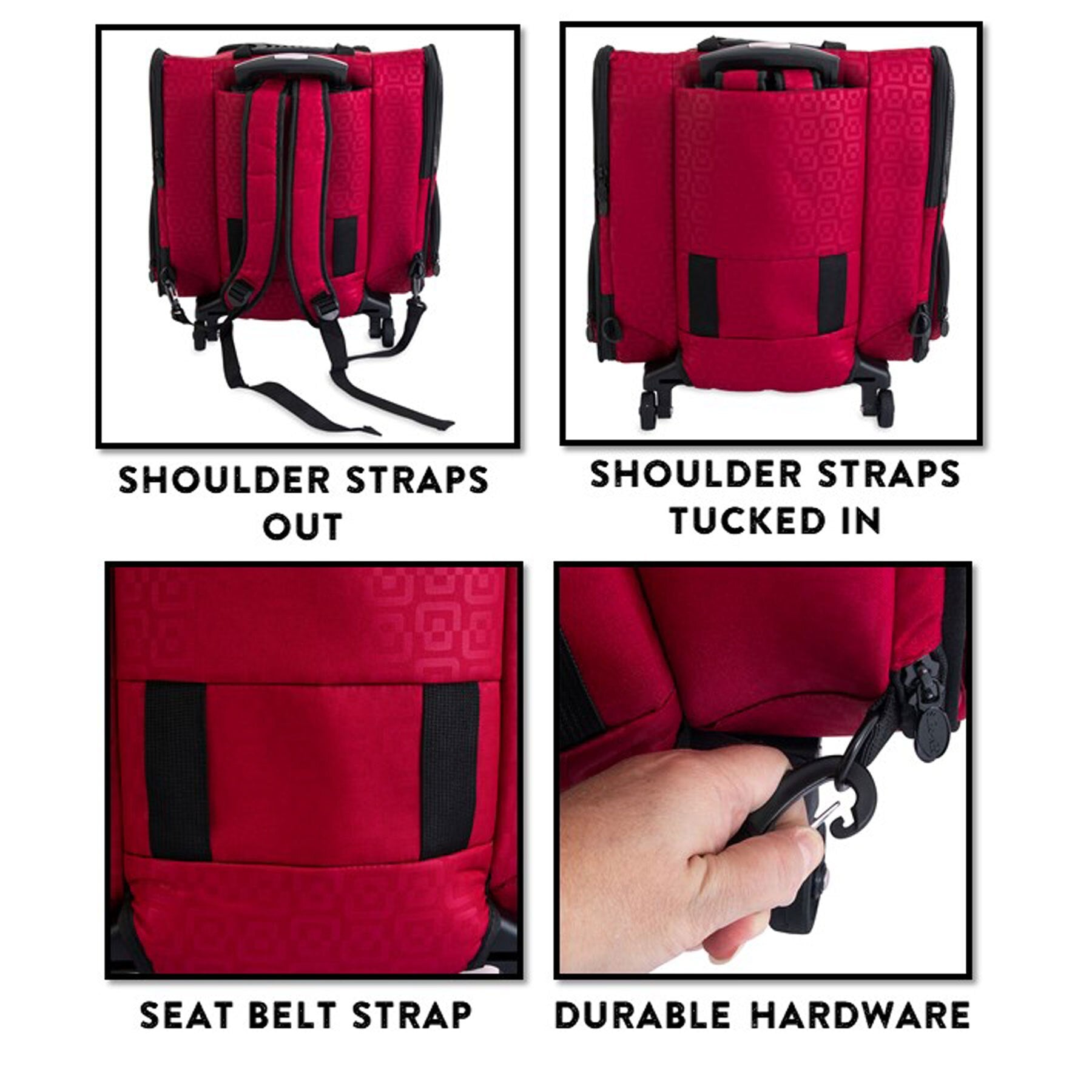 Four images display the Gen7Pets Red Geometric Roller-Carrier: top left shows extended shoulder straps; top right has straps tucked in; bottom left features a seat belt strap; bottom right highlights durable hardware with a hand on the zipper, perfect for transforming into a smart roller-carrier.