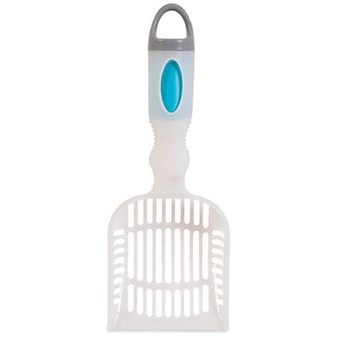 The Arm & Hammer Deluxe 2-In-1 Litter Scoop features a white plastic design with a gray and blue handle and includes slotted holes for efficient sifting, combining Arm & Hammer baking sodas odor-neutralizing properties with convenient waste bags for an effective clean-up solution.