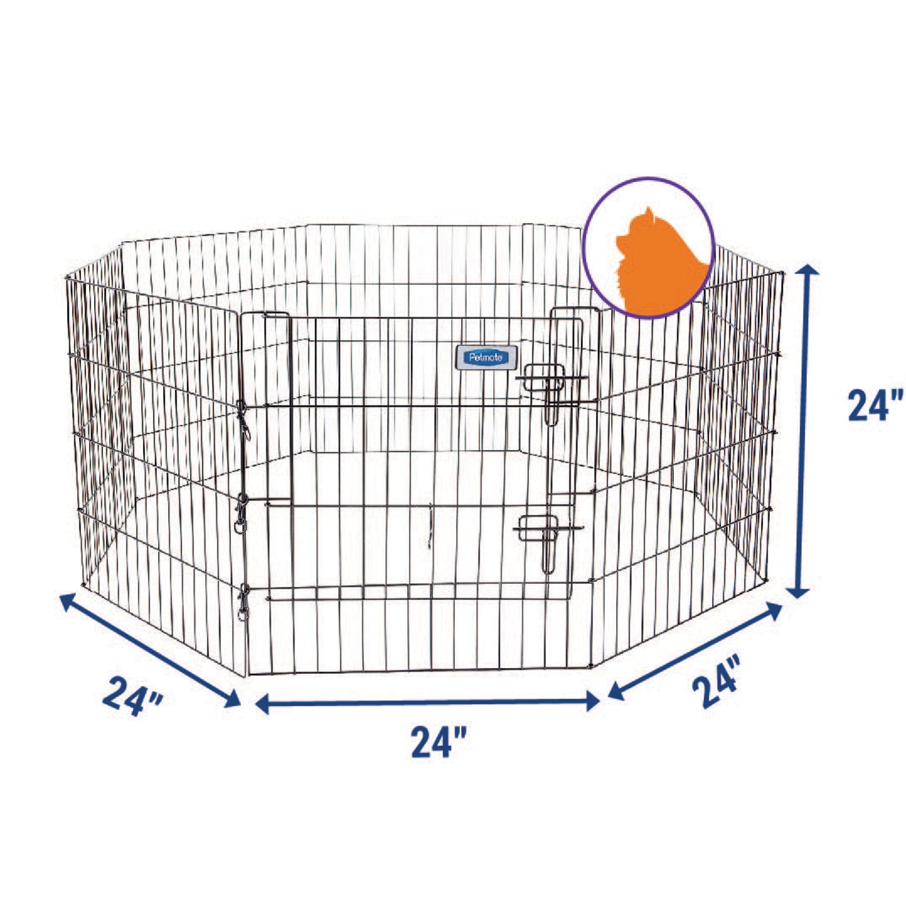 The Petmate Single Door Exercise Pen by Petmate is a durable wire pen with eight 24-inch panels that form an octagon. It features a latched gate for easy access and a dog silhouette circle at the top right, making it perfect for indoor and outdoor use.