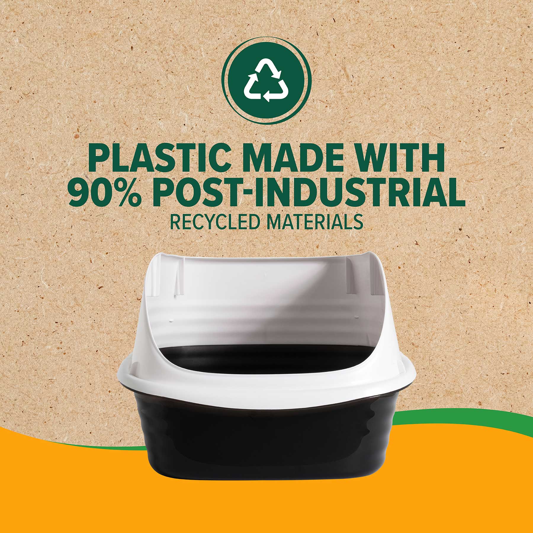 An Arm & Hammer Large Rimmed Wave Litter Box is centered on a textured beige background. Text above reads: Plastic made with 90% post-industrial recycled materials, showing the MICROBAN® logo for antimicrobial protection next to a recycling symbol.