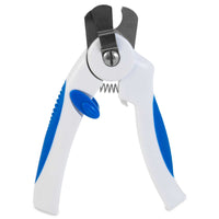 The JW Small Dog Nail Clippers by Jw feature a white and blue design with a spring mechanism, safety guard, non-slip rubber grips, and stainless steel blades for precise trimming of small dog nails.