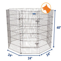 The Petmate Single Door Exercise Pen by Petmate features durable panels, each 24 inches wide and 48 inches tall, forming an octagonal shape. A dog silhouette in the top right corner highlights its portability and suitability for dogs.