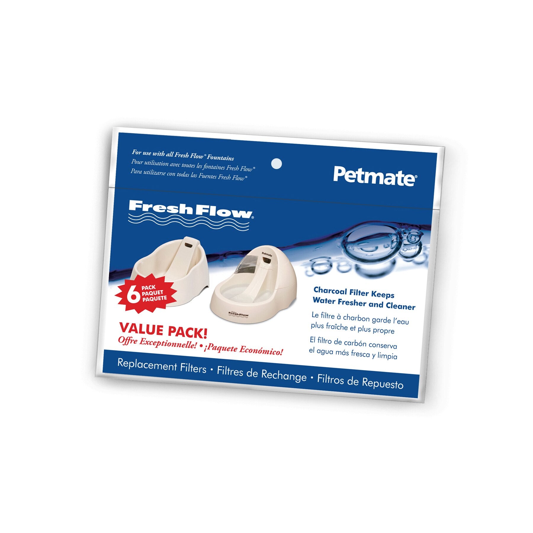 Petmates Fresh Flow Replacement Charcoal Filter packaging features product images on a blue background with text stating Charcoal Filter Keeps Water Fresher and Cleaner and Value Pack! alongside an illustration of the pet water fountain with replacement filters.