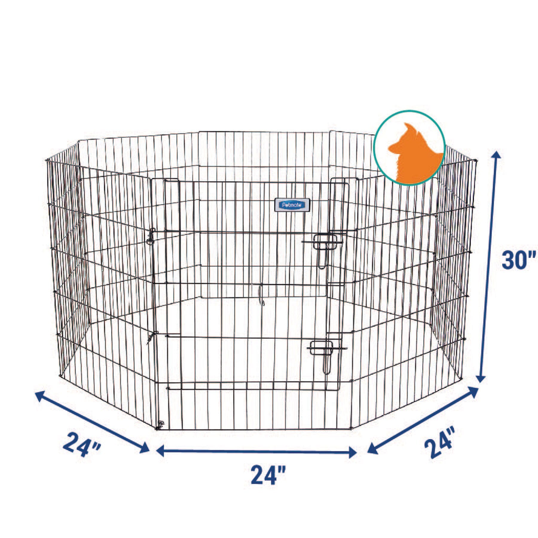 The Petmate Single Door Exercise Pen by Petmate features eight 24W x 30H durable panels, making it ideal for small to medium pets. It includes a secure gate with latch and has a dog head icon on the top right, emphasizing its purpose as a portable pet pen.