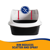 Meet the Arm & Hammer Large Rimmed Wave Litter Box, a stylish black and white design with a high back and wide rim to reduce scatter and spray. It features MICROBAN® antimicrobial protection for a cleaner experience, with red arrows emphasizing its innovative design.