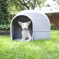 A cheerful white dog with perky ears sits happily inside its igloo-shaped Petmate Husky Dog House by Petmate on a green lawn, tongue playfully out, enjoying the shelters comfort amidst trees and a wooden fence.