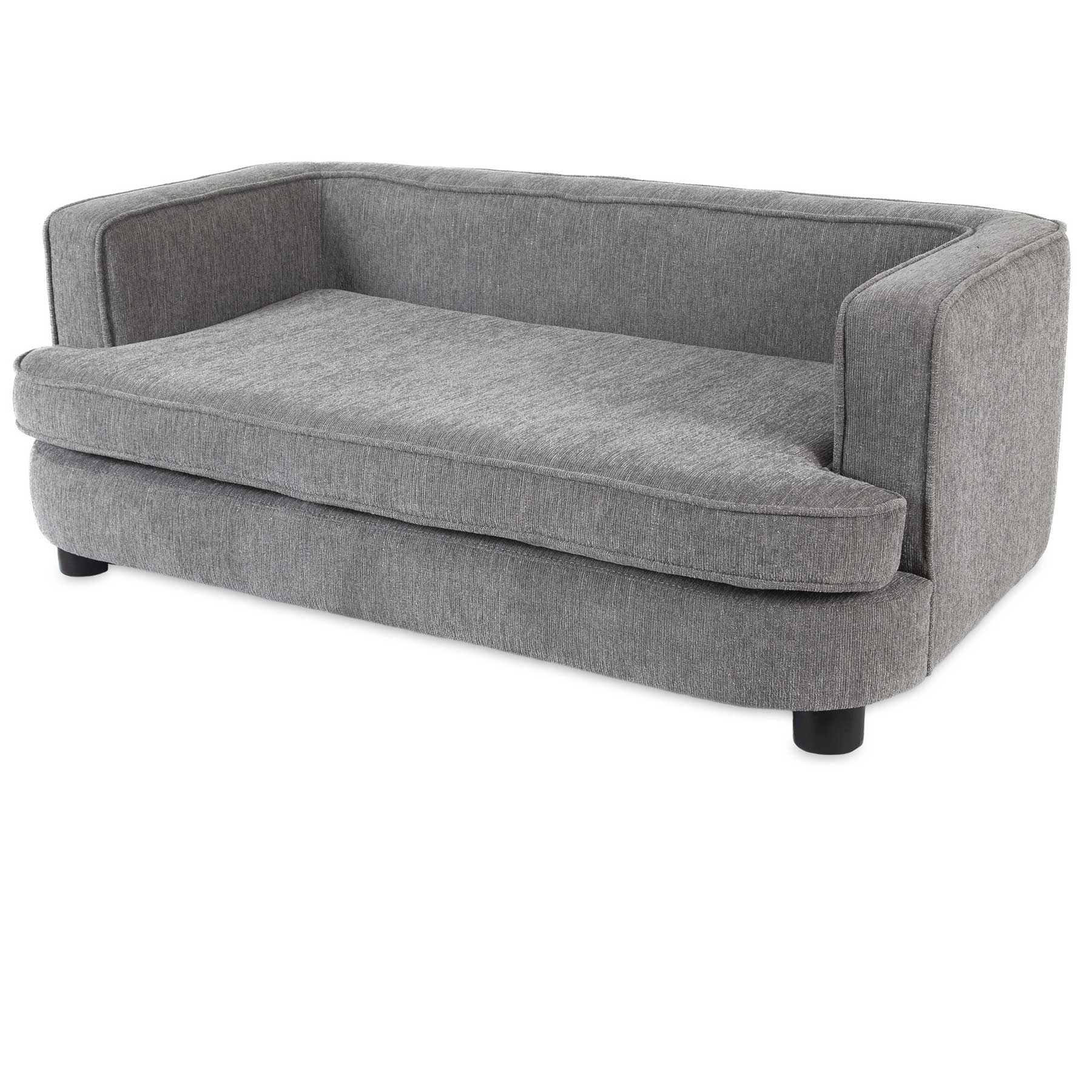 The La-Z-Boy Bartlett Sofa Dog Bed is a sleek, rectangular pet couch made with furniture-grade materials. Upholstered in light gray with raised square armrests and four short black cylindrical legs, it creates a cozy lounging space resembling the La-Z-Boy® Bartlett Sofa.