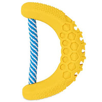 The JW Banana Chew-ee Dental Dog Toy by Jw is a durable rubber yellow D-shaped toy with a textured honeycomb pattern on one side and a blue and white striped rope threaded through its curve, designed as a dental chew toy.