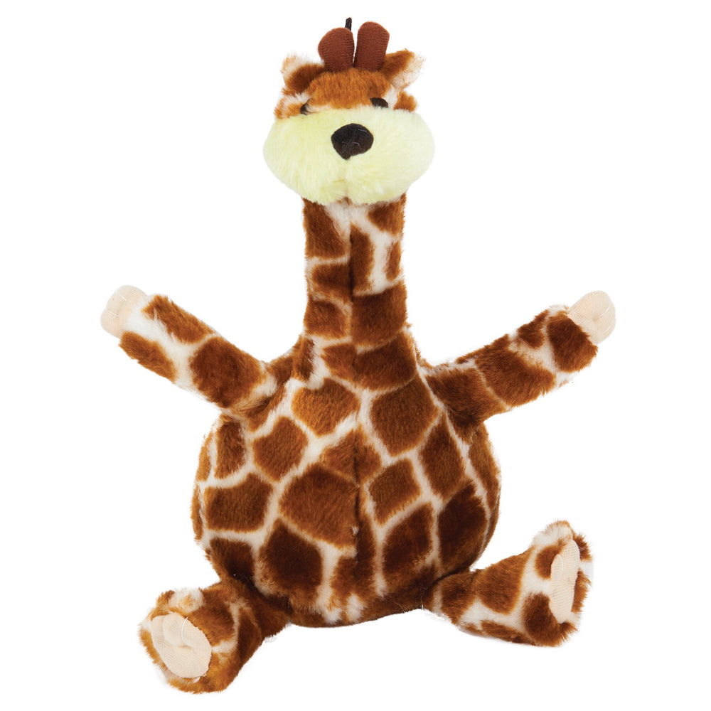 The Zoobilee Bellies Giraffe Dog Toy, by Zoobilee, is a durable plush toy with a round body and patterned brown and white fur. It features two small horns, outstretched limbs, a smiley face with black eyes, and a fluffy tail.