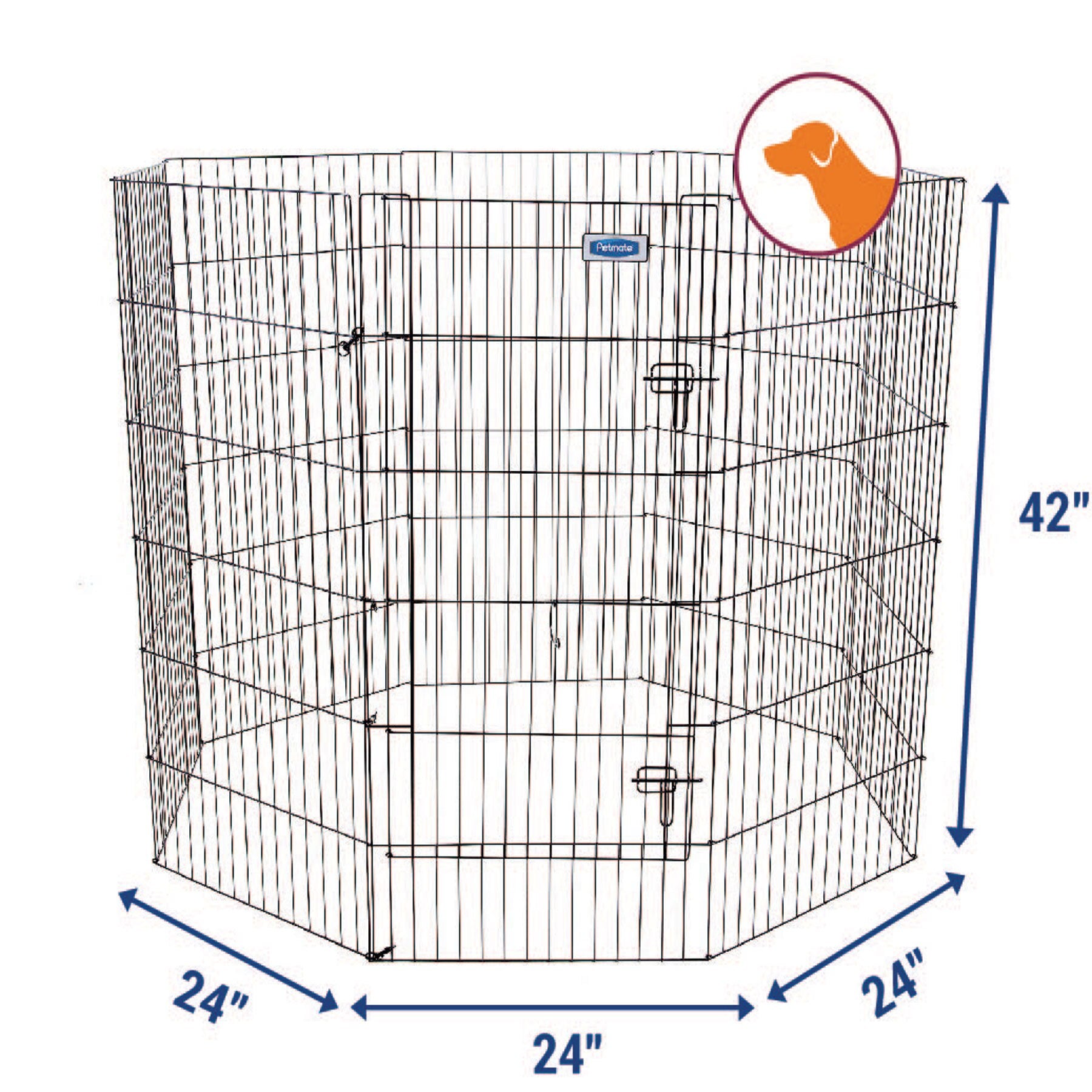 Illustration of the Petmate Single Door Exercise Pen, a durable wire pen in a hexagonal shape. Each side measures 24 inches and it stands 42 inches tall. A silhouette of a dogs head is shown in the top corner. Brand: Petmate.