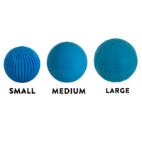 Three blue Petqwerks Talking Babble Balls for dogs, marked Small, Medium, and Large, are featured. The small ball is ribbed, the medium is smooth, and the large is grooved. All boast high-impact ABS construction for durable playtime.